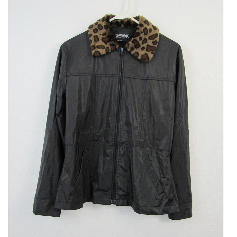 Street Magic Medium Black Jacket Leopard Print Faux Fur Collar Rain Coat Classic